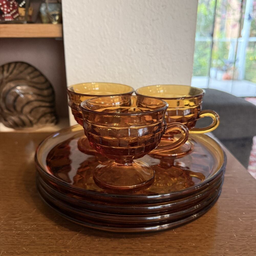 Vintage Set Of 3 Indiana Glass Amber Gold Sunburst Snack Luncheon Plates & Cups